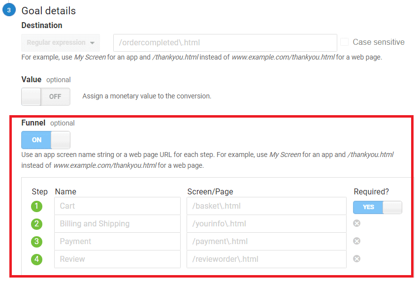 ga destination funnels